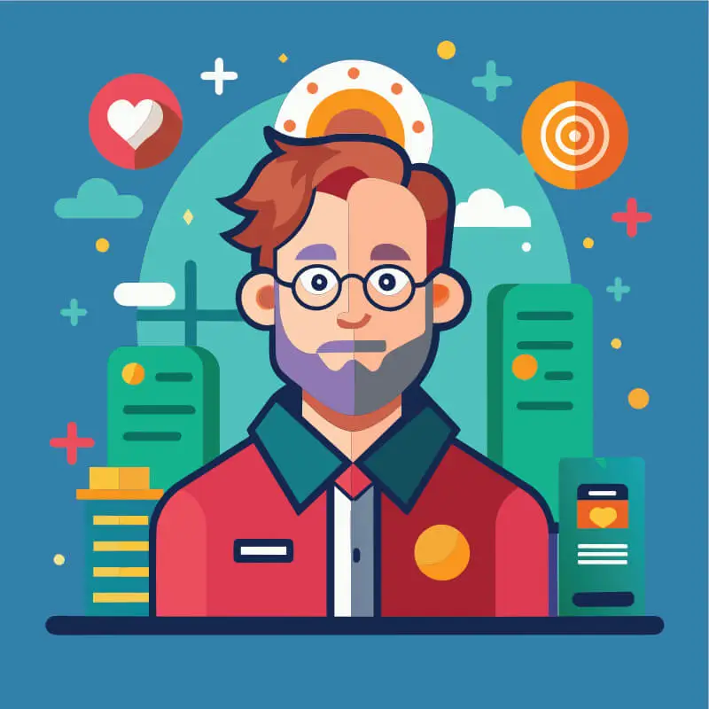 Avatar kot Ilustracija člana hidro delavnice, z barvitimi okraski na modri podlagi.