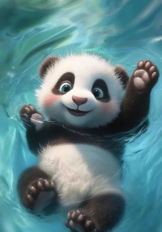 Panda medved na hrbtu v bistri modri vodi nam želi vse dobro ob obisku Hidro delavnice.